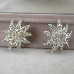 VTG Sarah Coventry Sunburst Rhinestone Statement Clip On Earrings Silver Tone